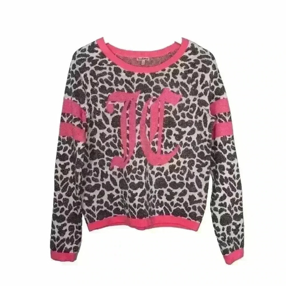 Juicy Couture Womens M Metallic Leopard Print Pullover Sweater Pink Logo Gray - Picture 9 of 9